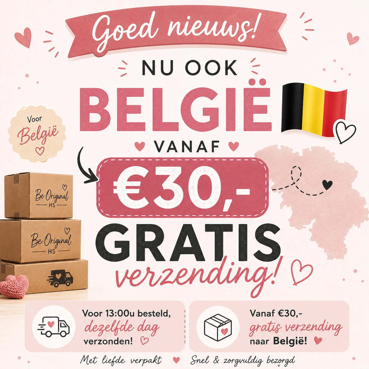 Aankondiging België gratis verzending vanaf 30 euro